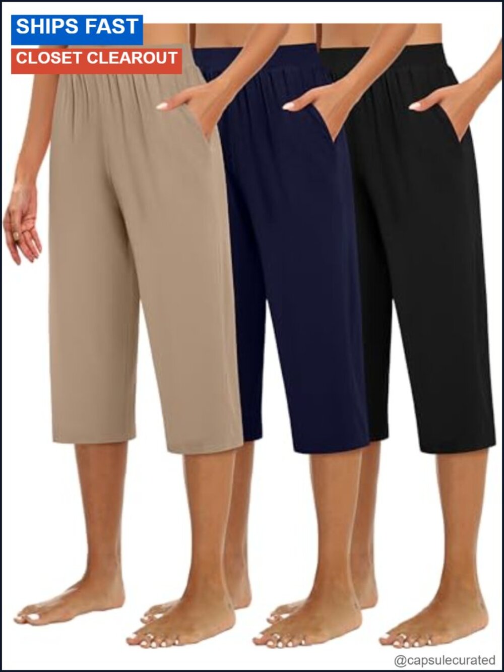 Wide Leg Capris Sweatpants 3 Pack Soft Stretch Jersey Elastic Waist Pockets